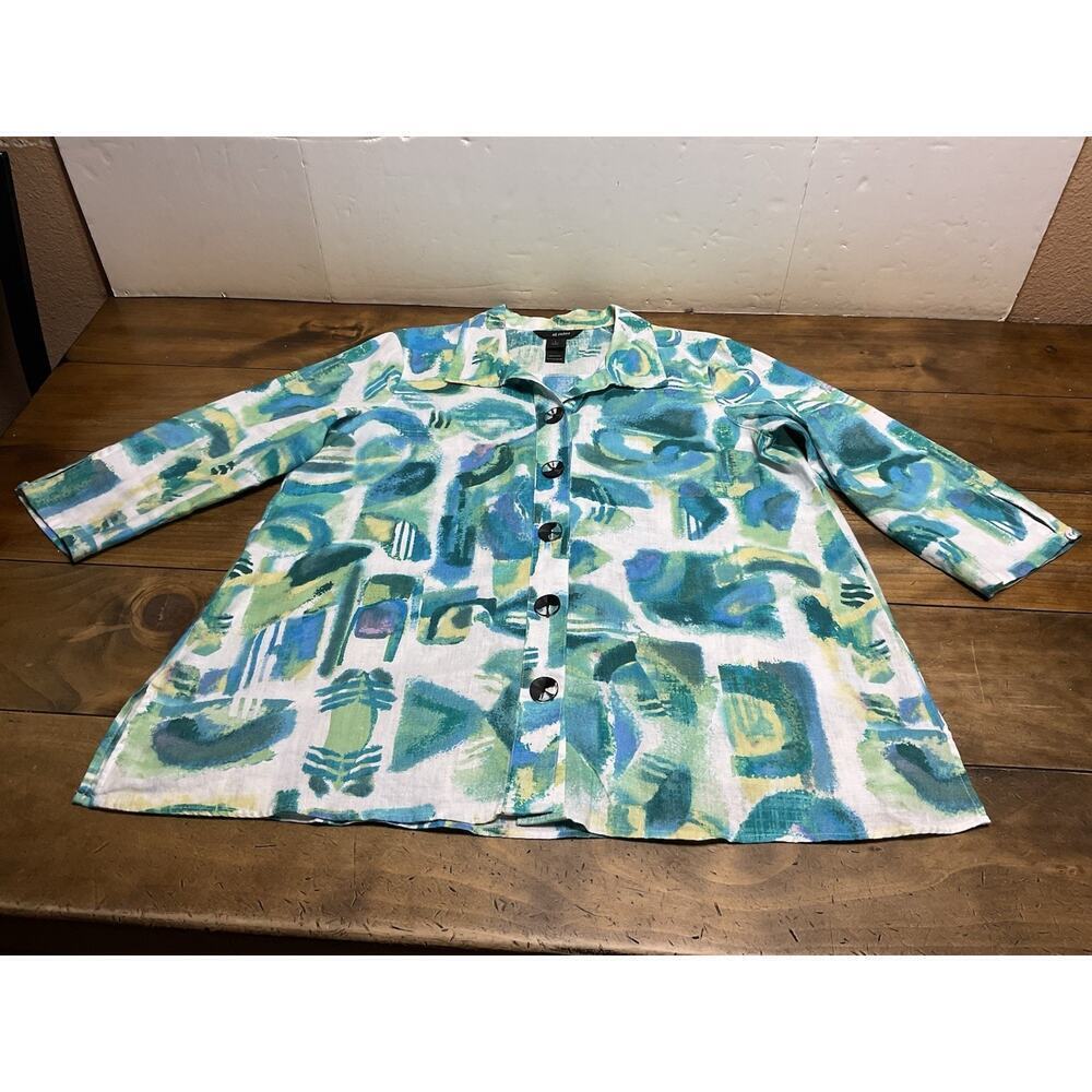 Ali Miles Button Front Tunic Top Linen Blend Blue Green Watercolor Abstract Sz L - Picture 1 of 10